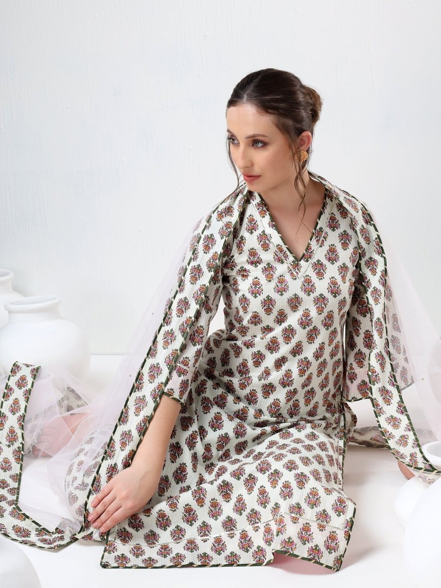 SADABHAR WHITE BOOTI COTTON SUIT SET - Pomcha Jaipur