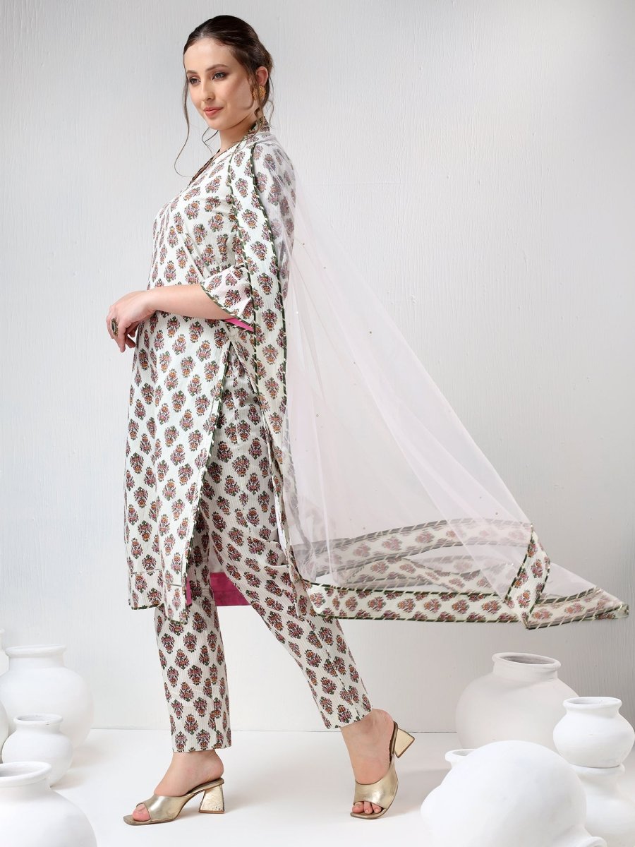 SADABHAR WHITE BOOTI COTTON SUIT SET - Pomcha Jaipur