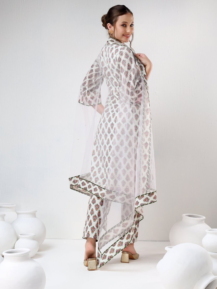 SADABHAR WHITE BOOTI COTTON SUIT SET - Pomcha Jaipur