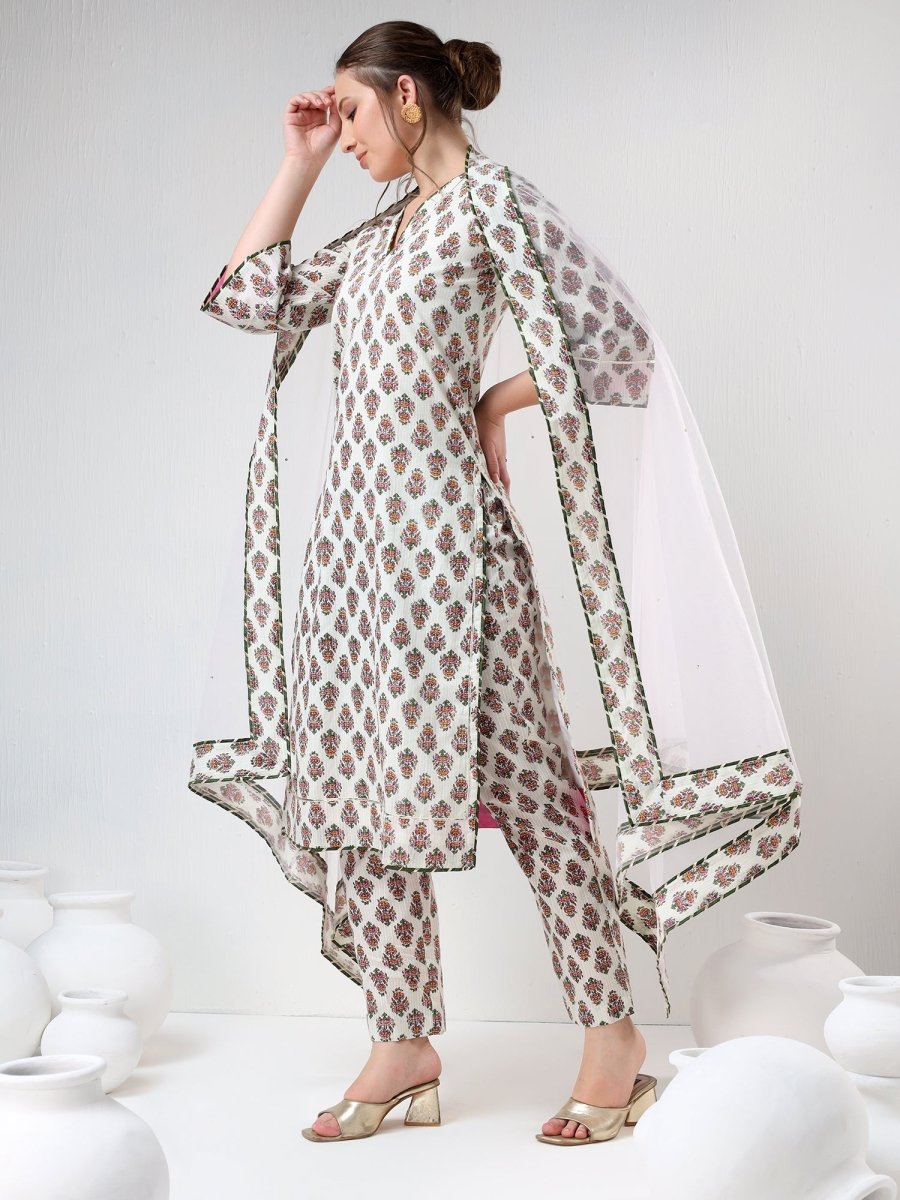 SADABHAR WHITE BOOTI COTTON SUIT SET - Pomcha Jaipur