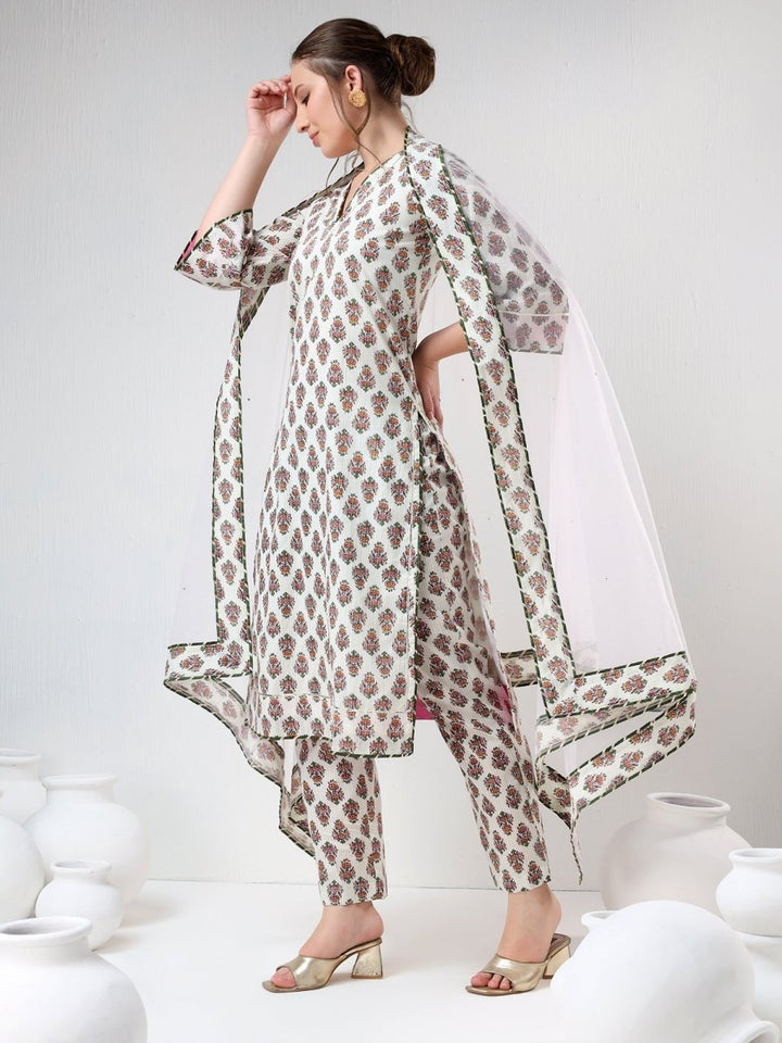 SADABHAR WHITE BOOTI COTTON SUIT SET - Pomcha Jaipur