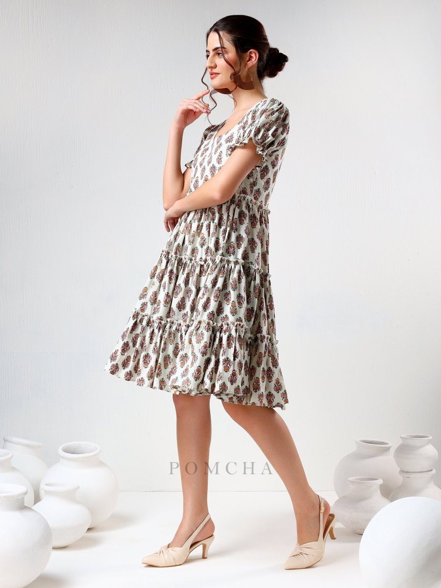 SADABHAR WHITE FLORAL PRINT COTTON TIERED DRESS - Pomcha Jaipur