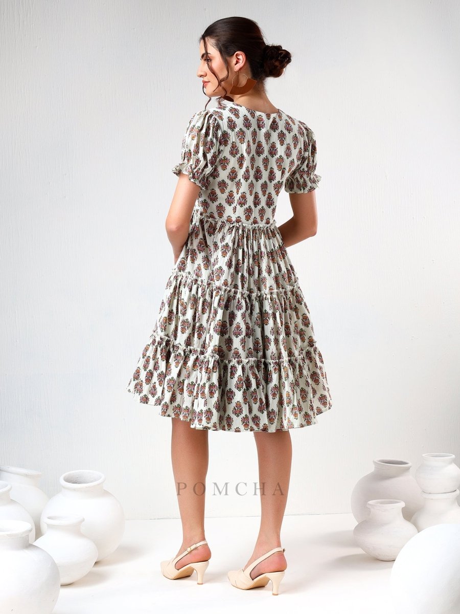 SADABHAR WHITE FLORAL PRINT COTTON TIERED DRESS - Pomcha Jaipur