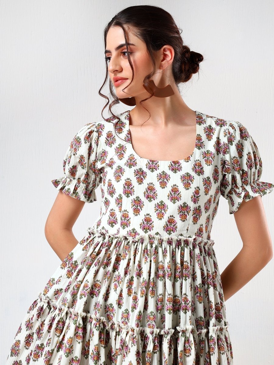 SADABHAR WHITE FLORAL PRINT COTTON TIERED DRESS - Pomcha Jaipur