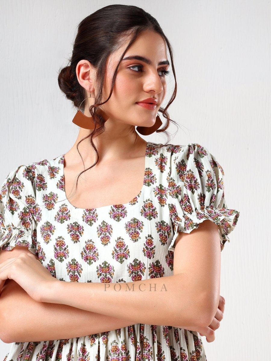 SADABHAR WHITE FLORAL PRINT COTTON TIERED DRESS - Pomcha Jaipur