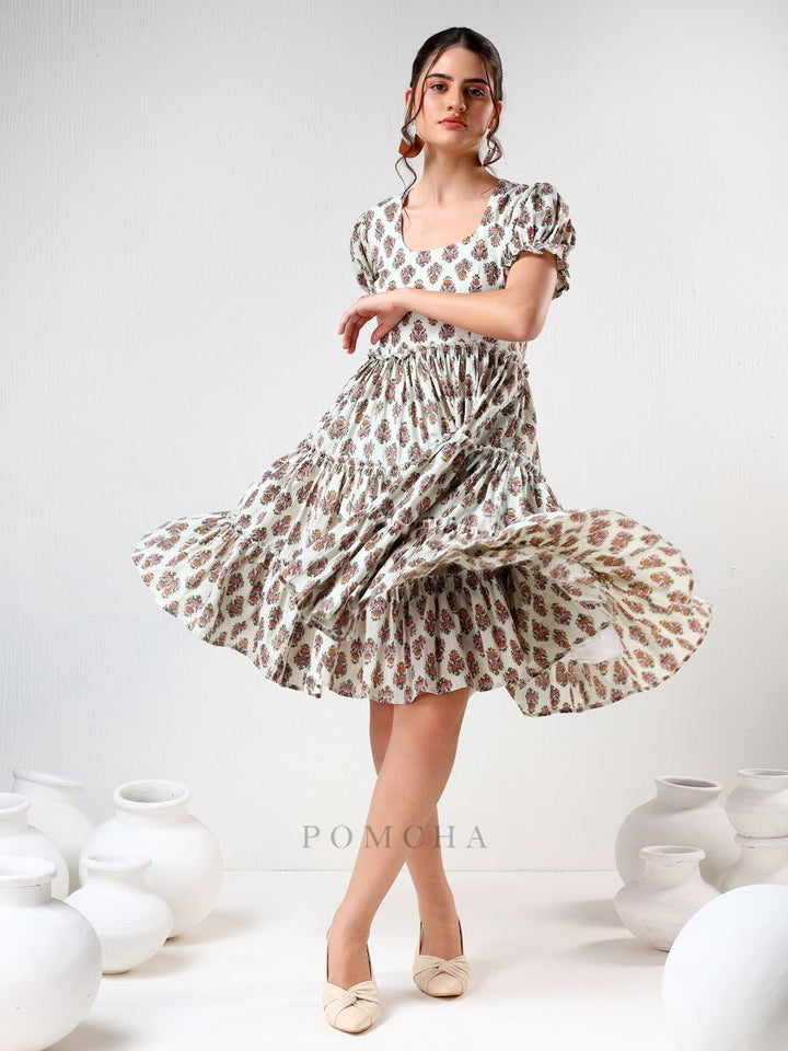SADABHAR WHITE FLORAL PRINT COTTON TIERED DRESS - Pomcha Jaipur
