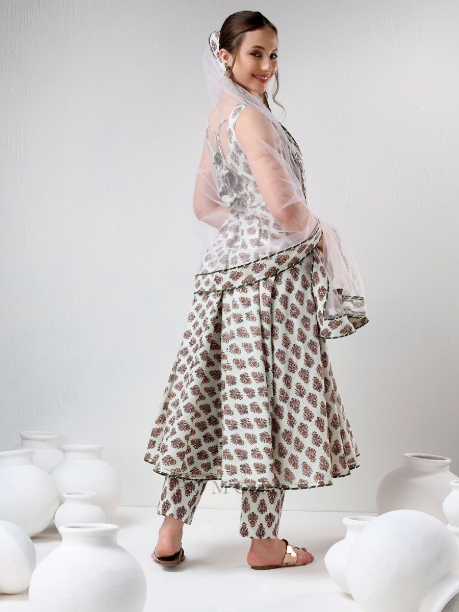 SADABHAR WHITE HAND BLOCK PRINT COTTON ANARKALI SET - Pomcha Jaipur