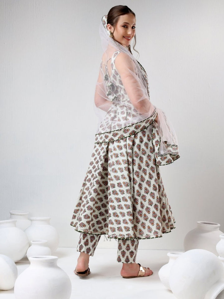 SADABHAR WHITE HAND BLOCK PRINT COTTON ANARKALI SET - Pomcha Jaipur