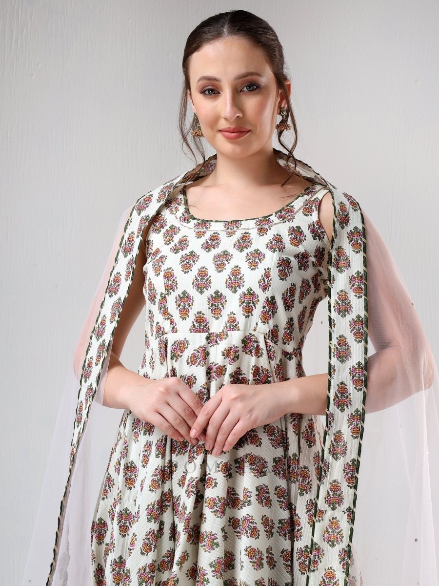 SADABHAR WHITE HAND BLOCK PRINT COTTON ANARKALI SET - Pomcha Jaipur