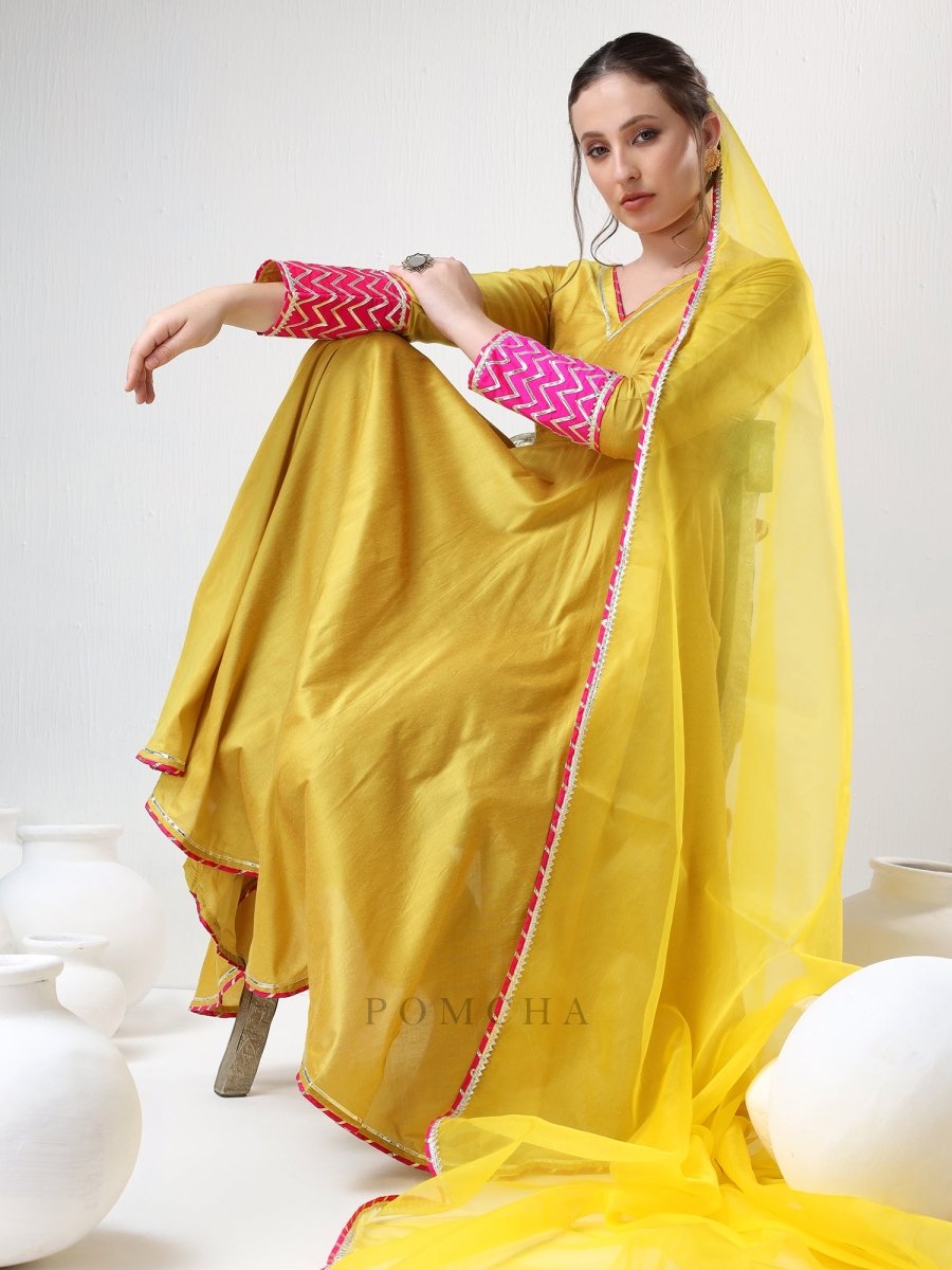 SADABHAR YELLOW COTTON SILK GOTTA WORK ANARKALI SET - Pomcha Jaipur