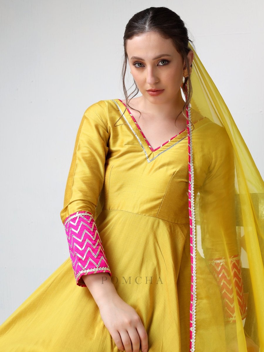 SADABHAR YELLOW COTTON SILK GOTTA WORK ANARKALI SET - Pomcha Jaipur