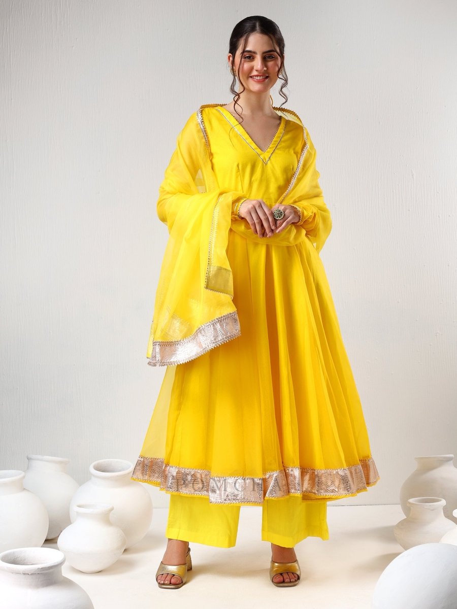 SADABHAR YELLOW ORGANZA GOTTA WORK ANARKALI SET - Pomcha Jaipur