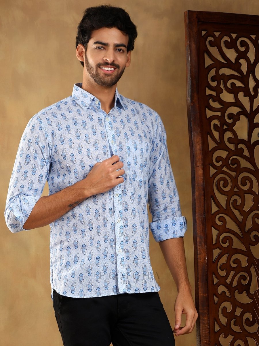 SAGAR BLUE COTTON HAND BLOCK SHIRT - Pomcha Jaipur