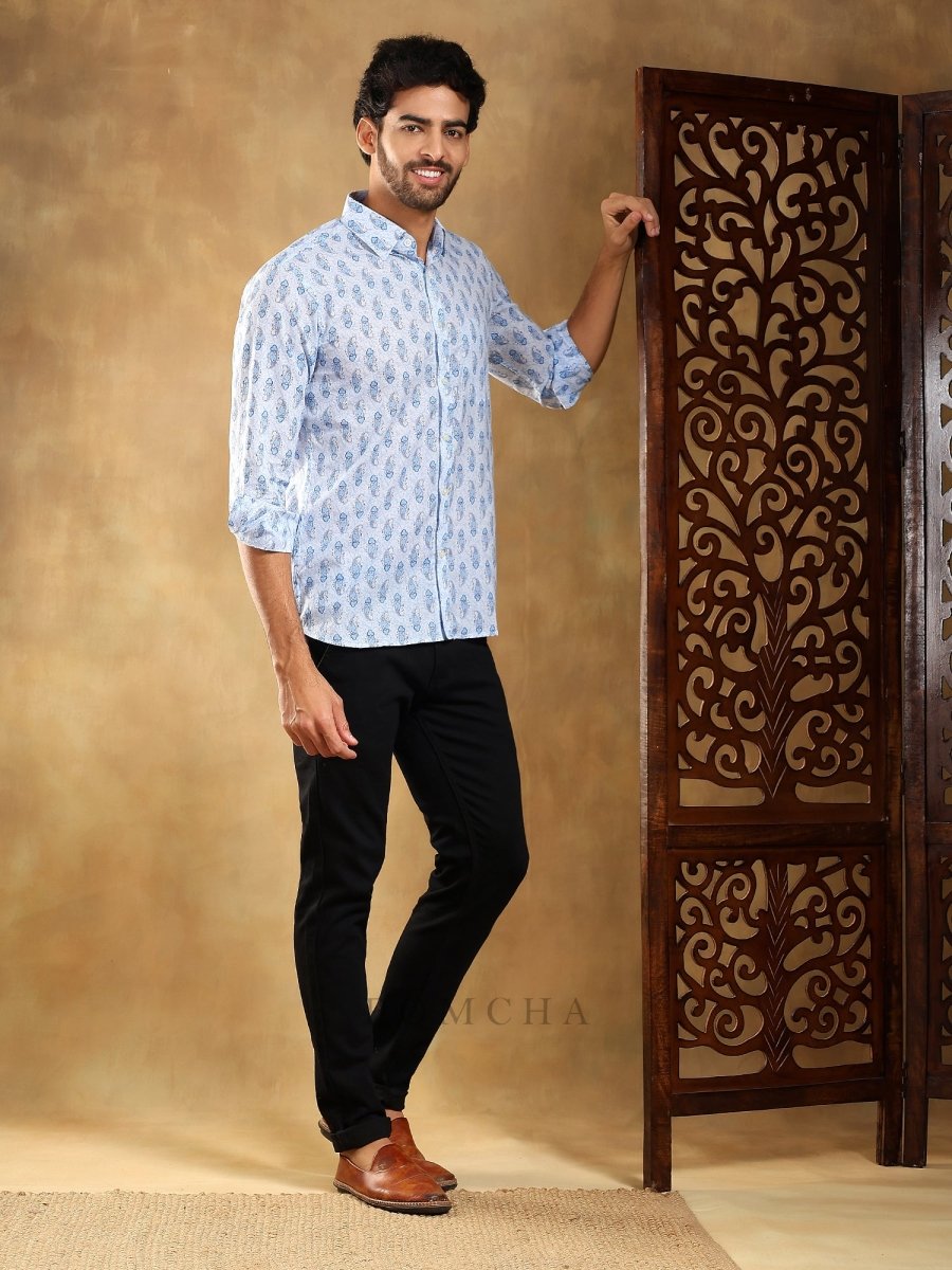 SAGAR BLUE COTTON HAND BLOCK SHIRT - Pomcha Jaipur