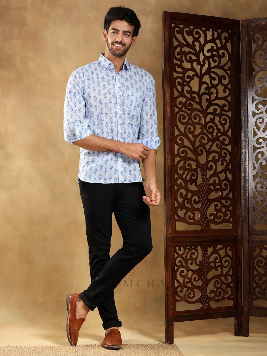 SAGAR BLUE COTTON HAND BLOCK SHIRT - Pomcha Jaipur