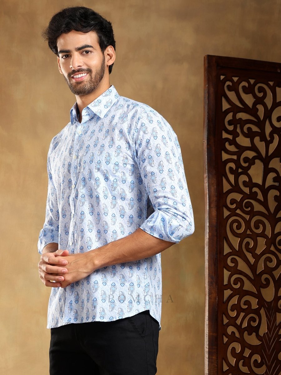 SAGAR BLUE COTTON HAND BLOCK SHIRT - Pomcha Jaipur