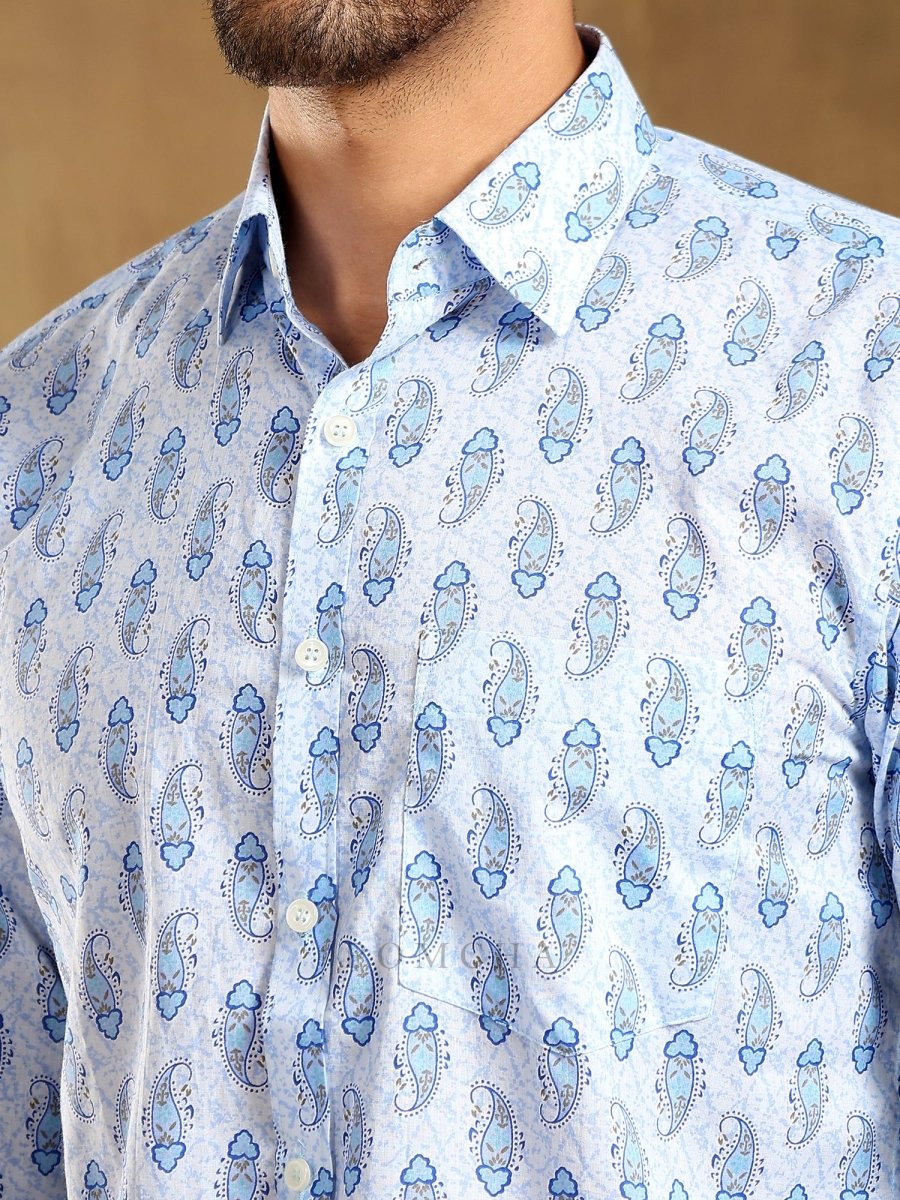 SAGAR BLUE COTTON HAND BLOCK SHIRT - Pomcha Jaipur