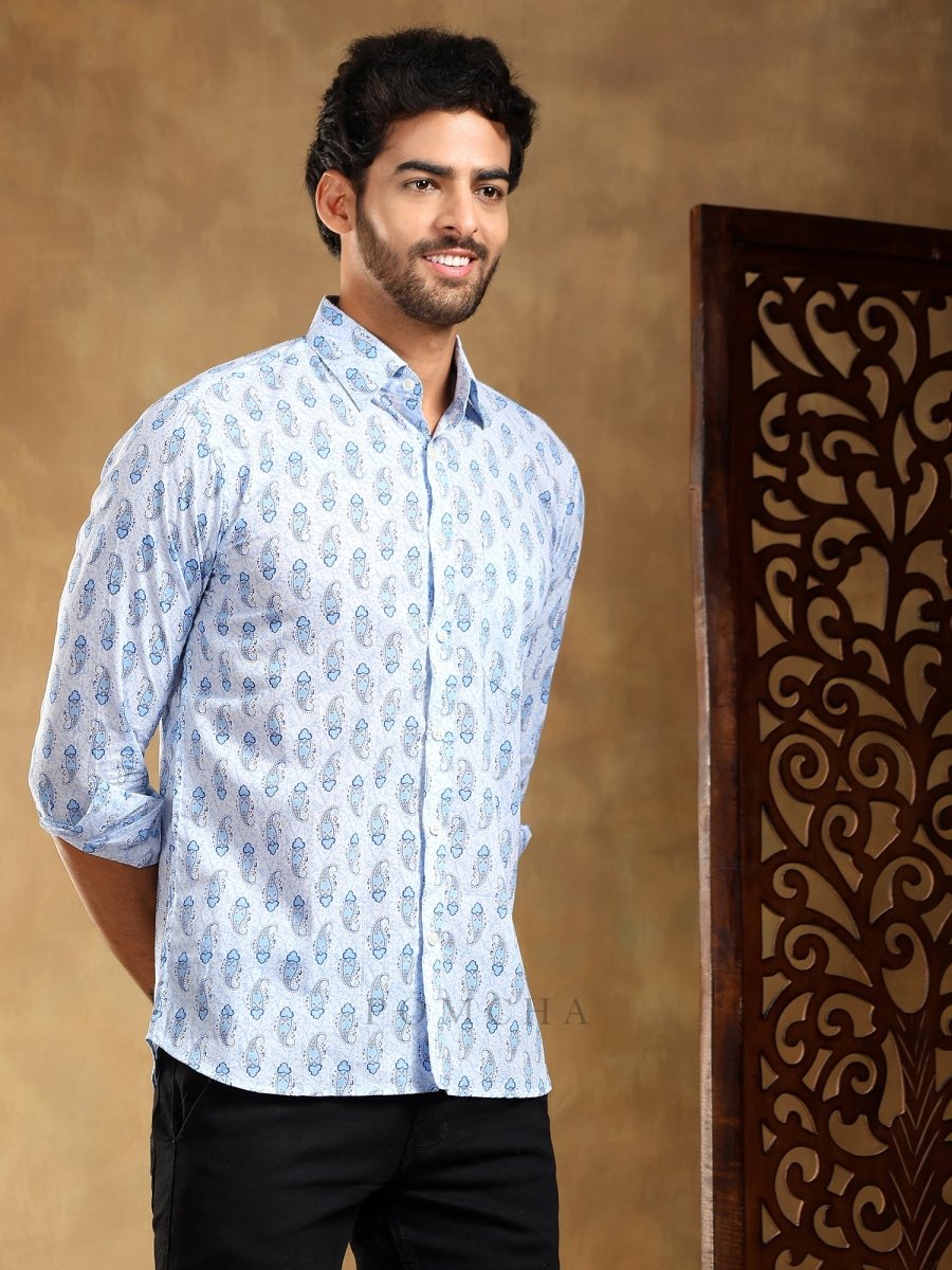 SAGAR BLUE COTTON HAND BLOCK SHIRT - Pomcha Jaipur
