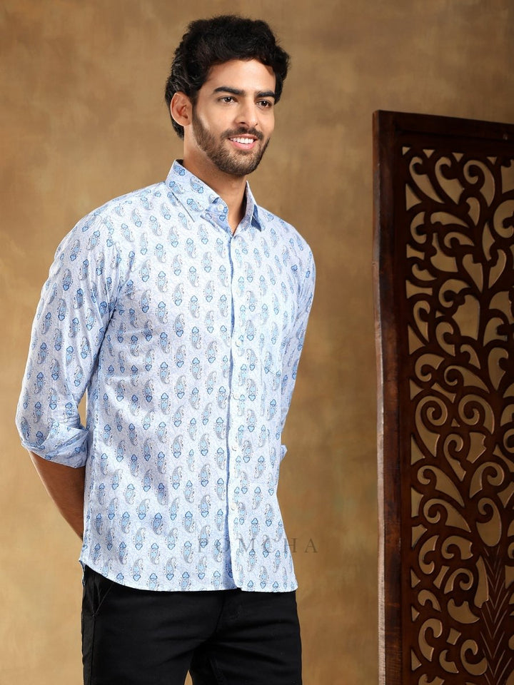 SAGAR BLUE COTTON HAND BLOCK SHIRT - Pomcha Jaipur