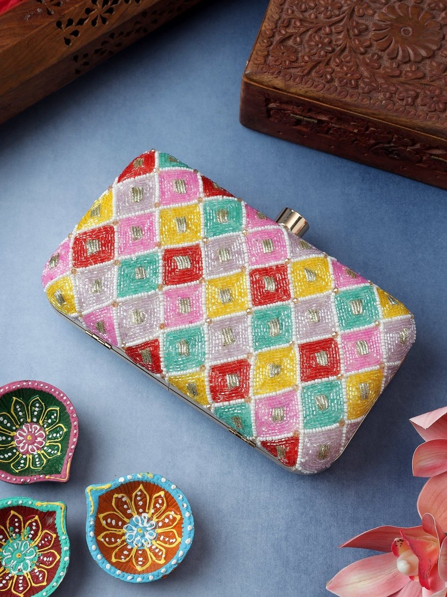 SARA MULTICOLOR BEAD WORK JUTTI CLUTCH COMBO - Pomcha Jaipur