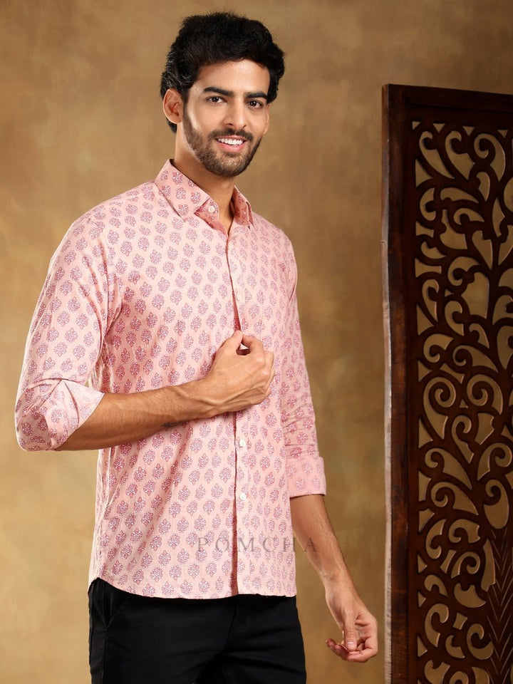 SHUBH GULABI COTTON HAND BLOCK SHIRT - Pomcha Jaipur