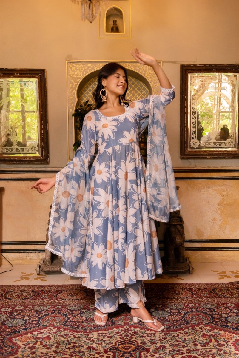 SHUNARI POWDER BLUE WHITE PHOOL MUSLIN SILK ANARKALI WITH ORGANZA DUPATTA - Pomcha Jaipur