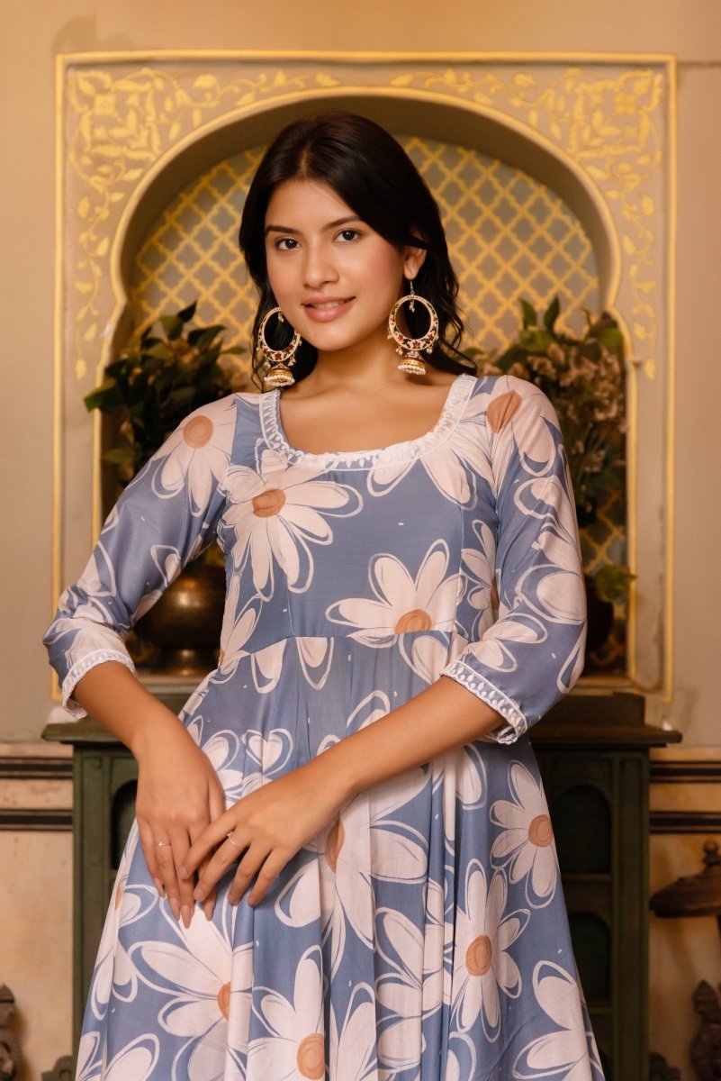 SHUNARI POWDER BLUE WHITE PHOOL MUSLIN SILK ANARKALI WITH ORGANZA DUPATTA - Pomcha Jaipur