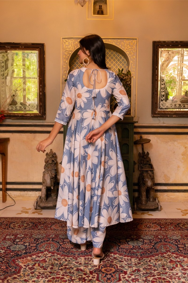 SHUNARI POWDER BLUE WHITE PHOOL MUSLIN SILK ANARKALI WITH ORGANZA DUPATTA - Pomcha Jaipur