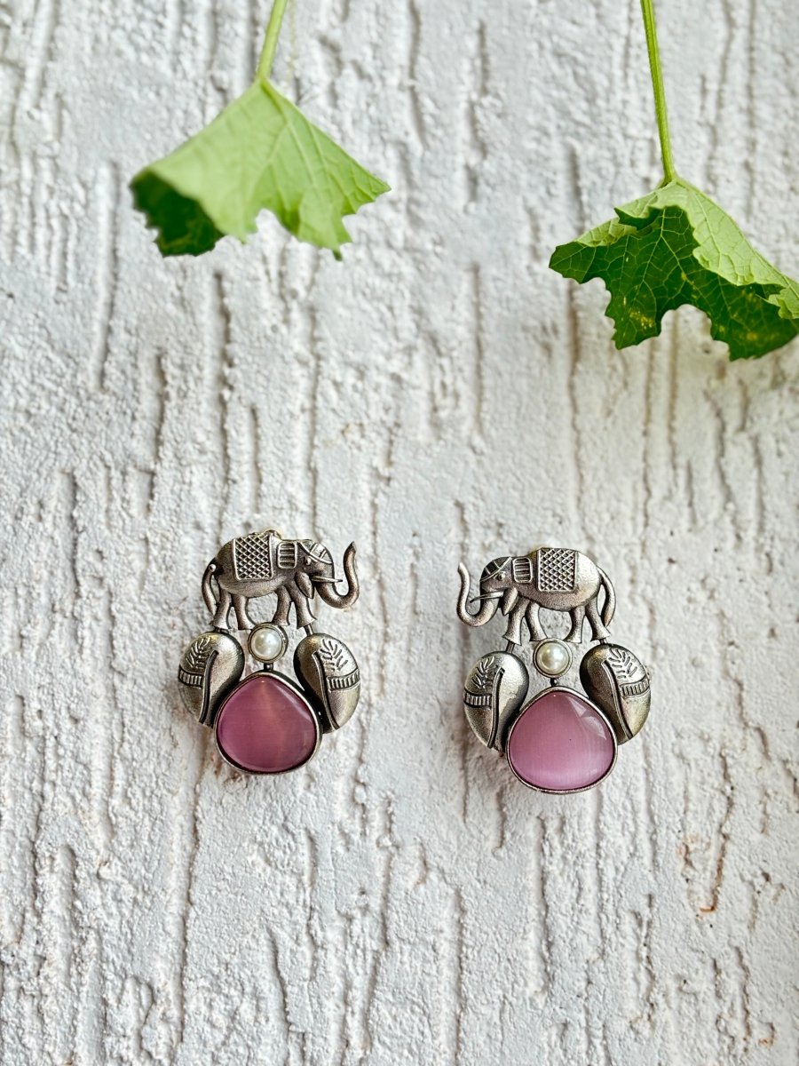 SILVER HATHI PINK STONE STUD EARRING SET - Pomcha Jaipur