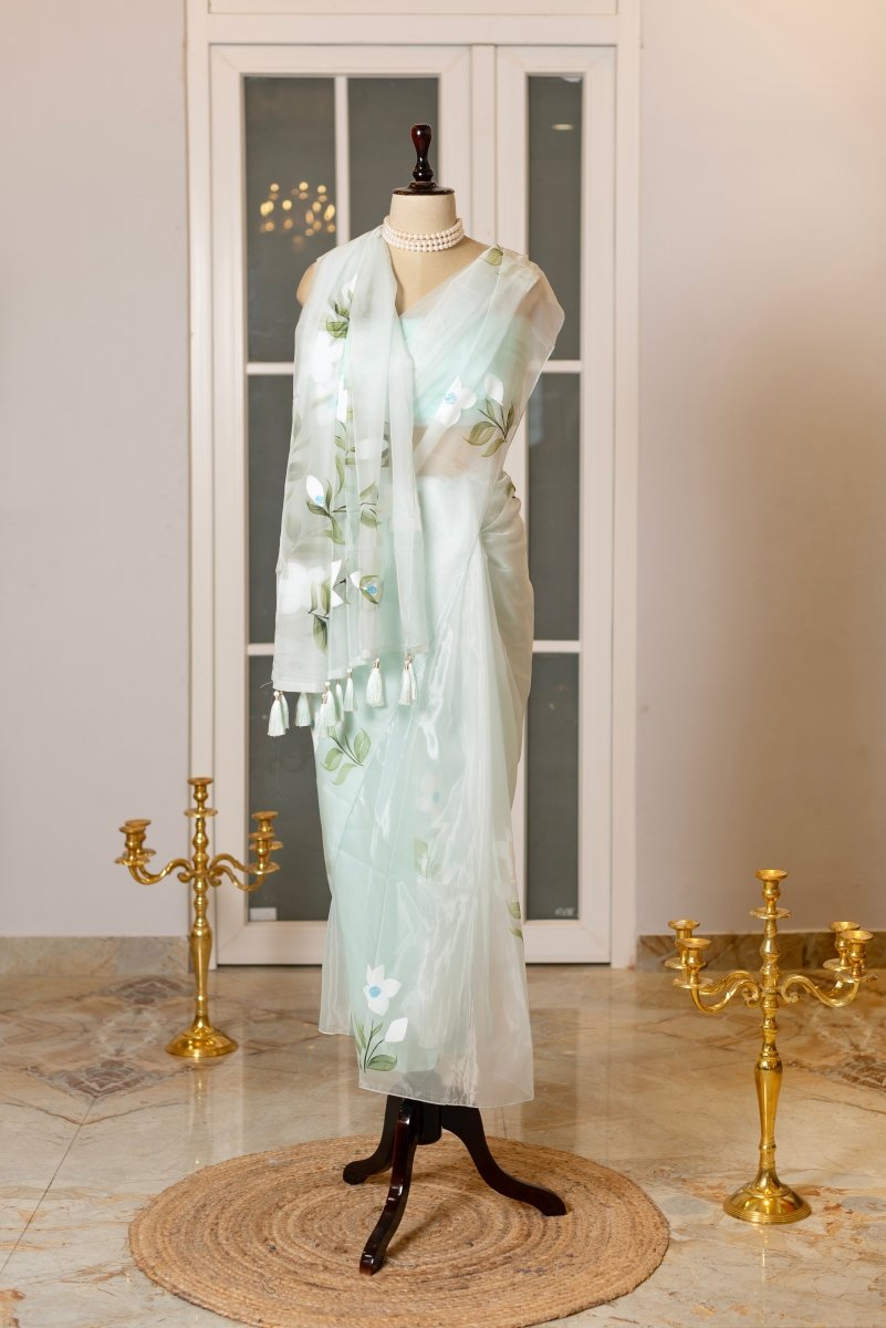 SOOT RAAG AQUA GREEN FLORAL PRINT ORGANZA SAREE WITH ORGANZA BLOUSE PIECE - Pomcha Jaipur