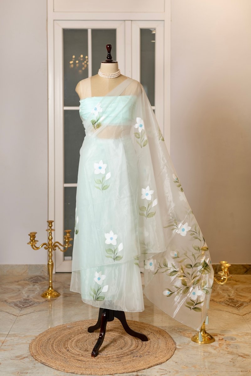 SOOT RAAG AQUA GREEN FLORAL PRINT ORGANZA SAREE WITH ORGANZA BLOUSE PIECE - Pomcha Jaipur