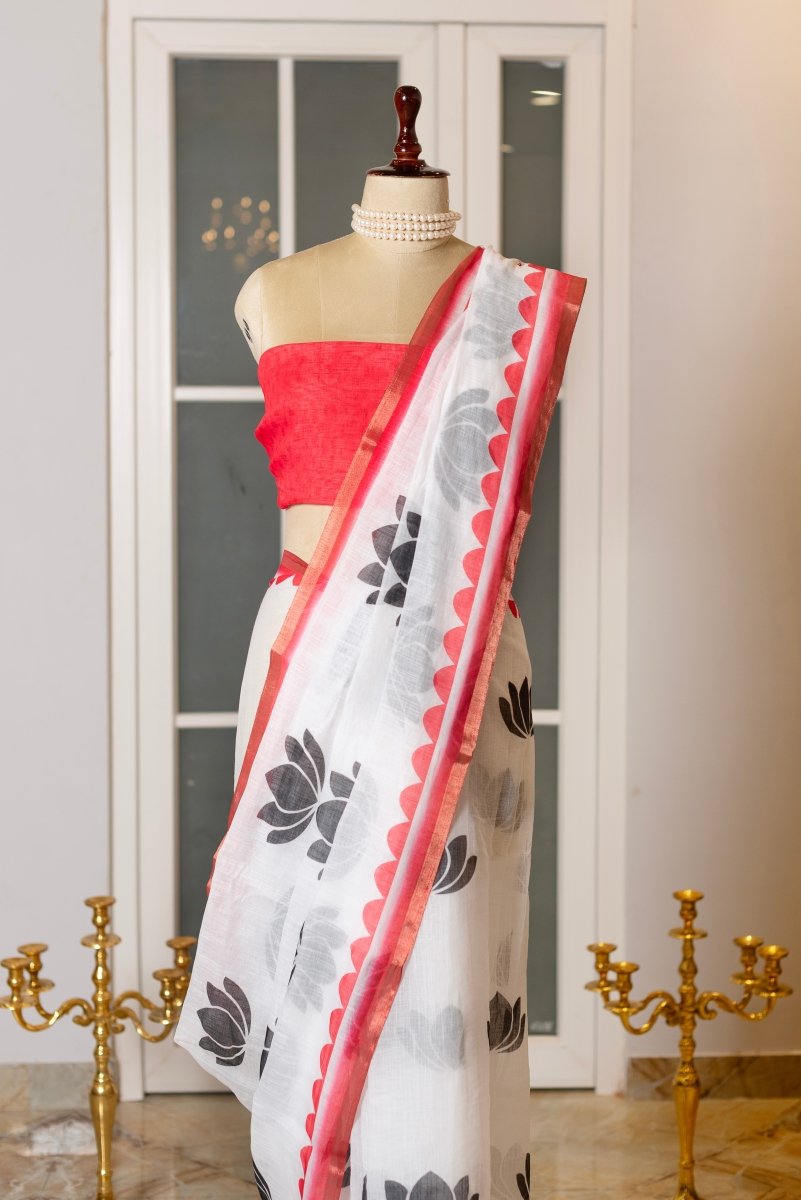 SOOT RAAG BLOCK PRINTED LINEN SAREE WITH BLOUSE PIECE - Pomcha Jaipur