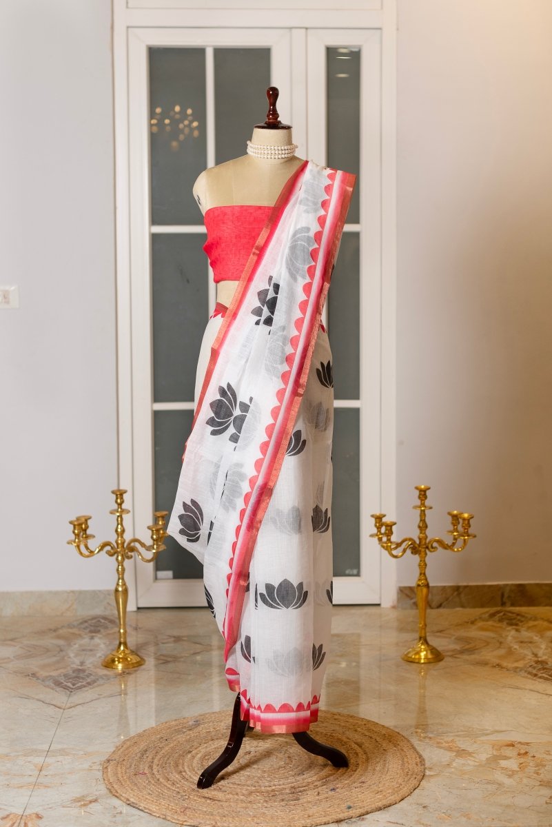 SOOT RAAG BLOCK PRINTED LINEN SAREE WITH BLOUSE PIECE - Pomcha Jaipur