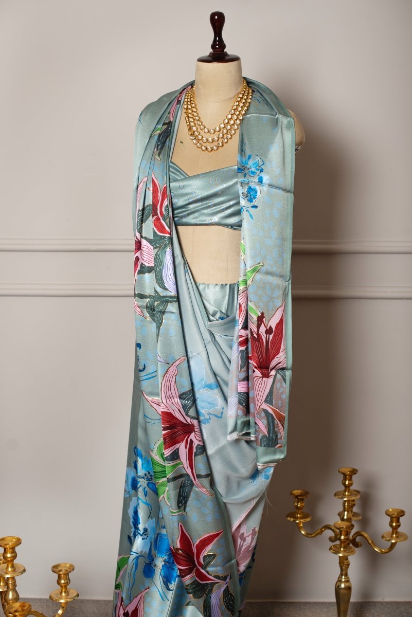 SOOT RAAG BLUE FLORAL FOIL PRINT SATIN SAREE WITH SATIN BLOUSE - Pomcha Jaipur