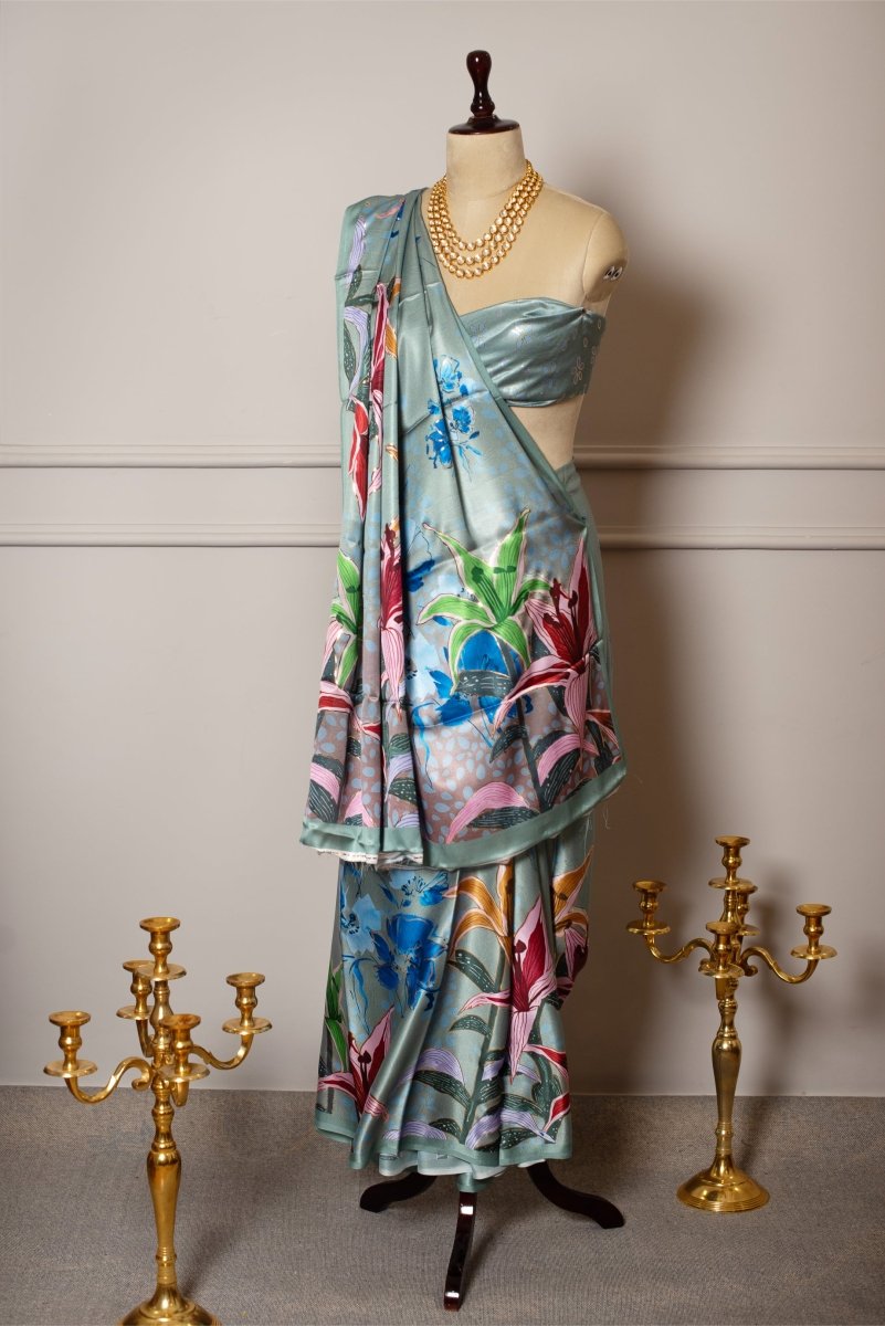 SOOT RAAG BLUE FLORAL FOIL PRINT SATIN SAREE WITH SATIN BLOUSE - Pomcha Jaipur