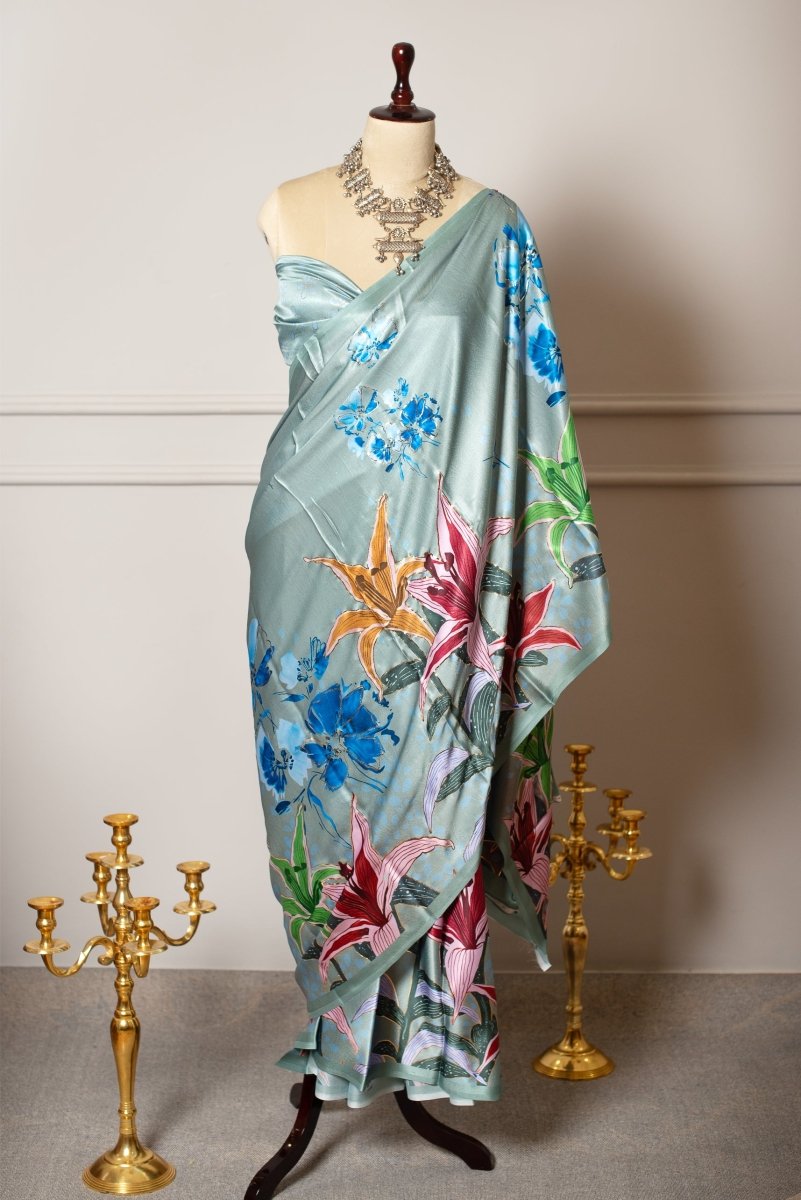 SOOT RAAG BLUE FLORAL FOIL PRINT SATIN SAREE WITH SATIN BLOUSE - Pomcha Jaipur