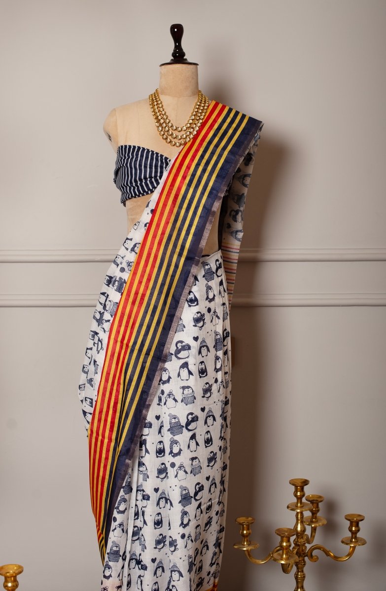 SOOT RAAG BLUE KALI WHITE LINEN SAREE WITH BLUE PRINTED LINEN BLOUSE PIECE - Pomcha Jaipur
