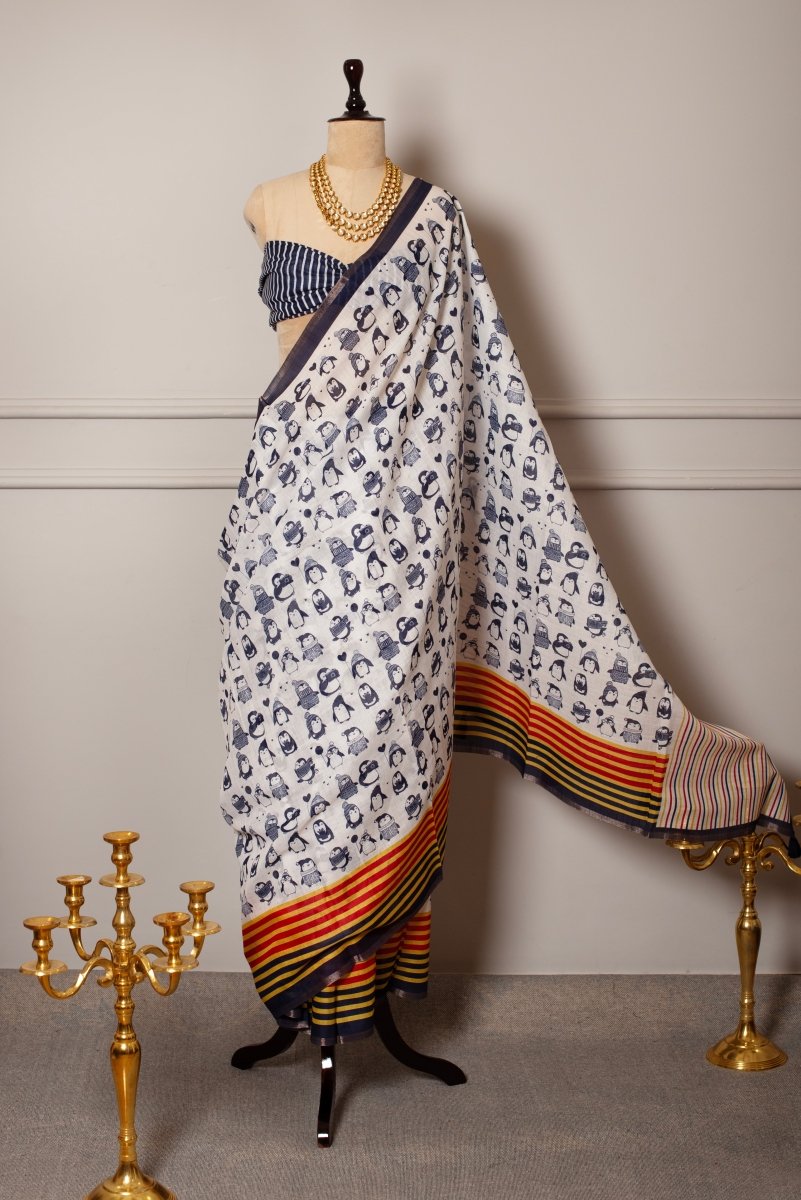 SOOT RAAG BLUE KALI WHITE LINEN SAREE WITH BLUE PRINTED LINEN BLOUSE PIECE - Pomcha Jaipur
