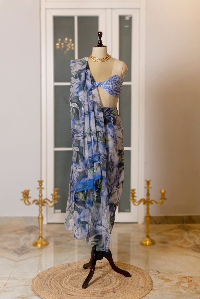 SOOT RAAG BLUE PAINTED ORGANZA SAREE WITH CREPE GEORGETTE BLOUSE PIECE - Pomcha Jaipur