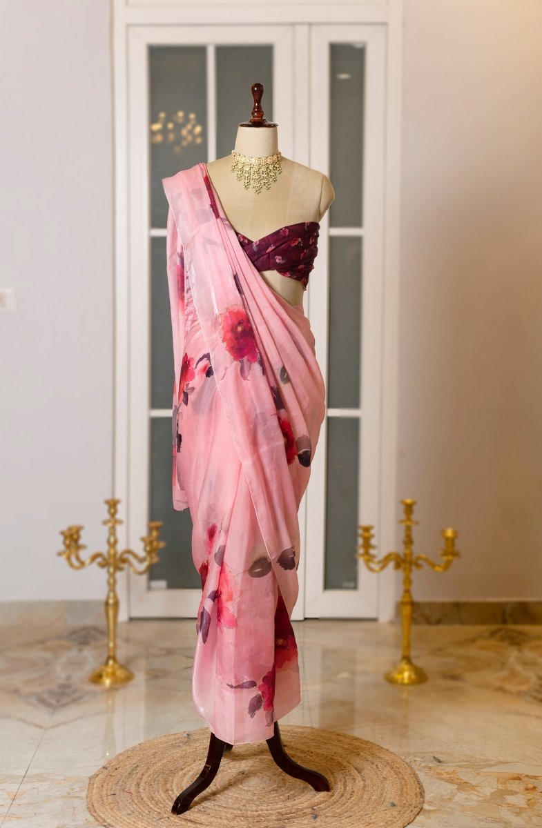 SOOT RAAG BLUSH PINK FLORAL PRINT SATIN SILK SAREE BLOUSE PIECE - Pomcha Jaipur