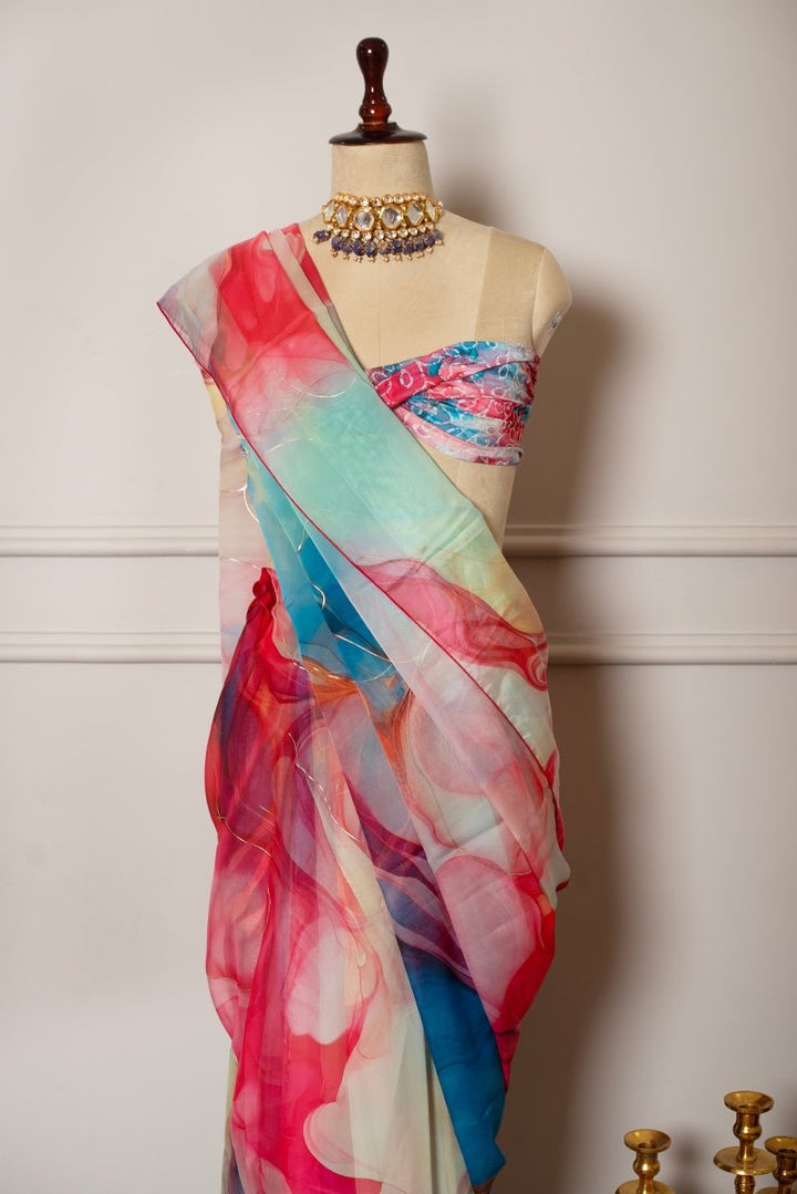 SOOT RAAG CHAVI MULTICOLOR ORGANZA SAREE WITH CREPE GEORGETTE BLOUSE - Pomcha Jaipur