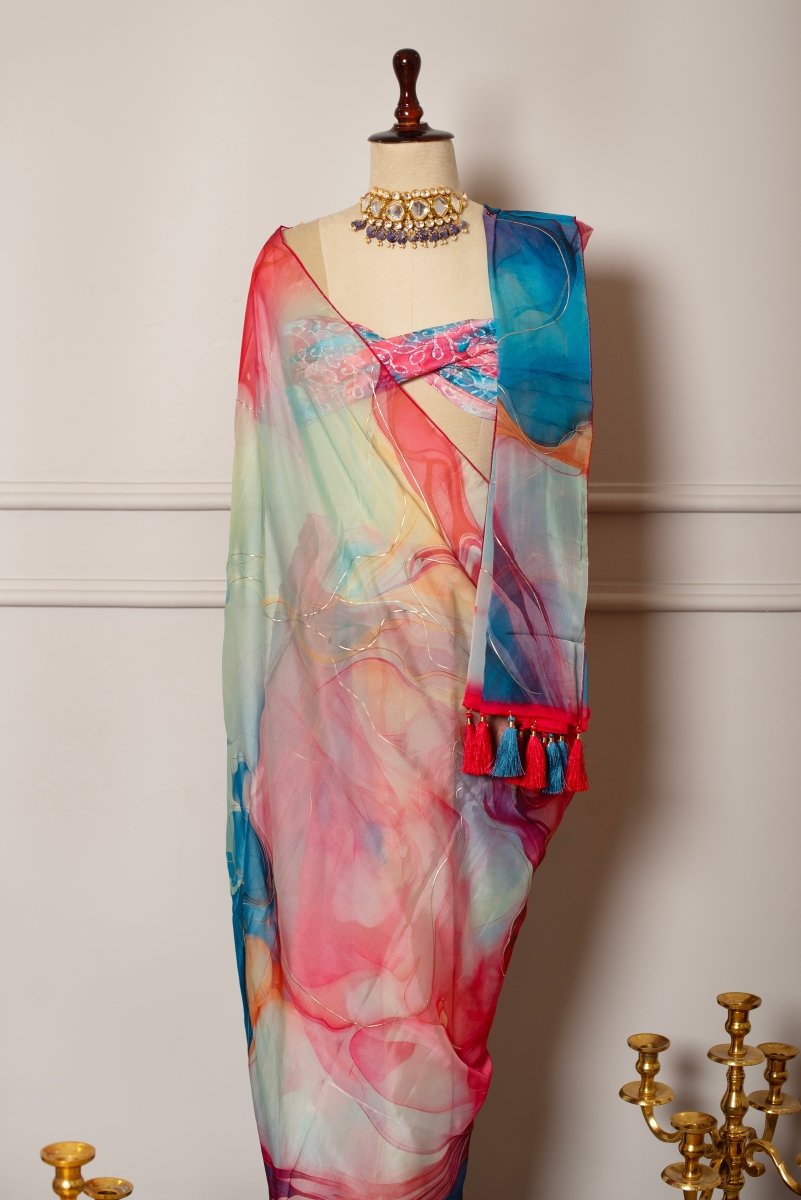 SOOT RAAG CHAVI MULTICOLOR ORGANZA SAREE WITH CREPE GEORGETTE BLOUSE - Pomcha Jaipur
