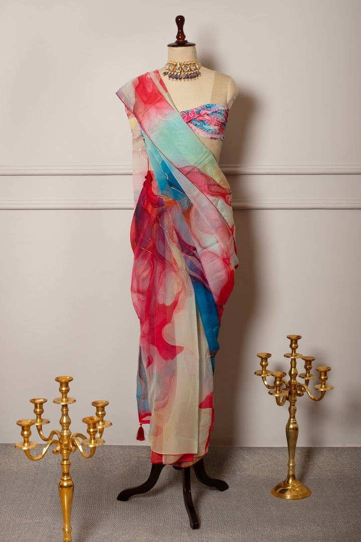 SOOT RAAG CHAVI MULTICOLOR ORGANZA SAREE WITH CREPE GEORGETTE BLOUSE - Pomcha Jaipur