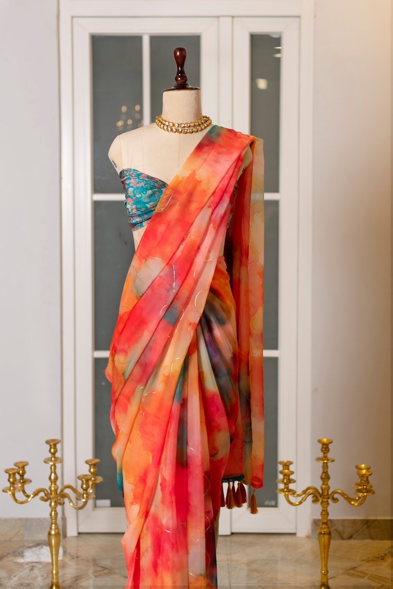 SOOT RAAG CRIMSON ORANGE FLAME ORGANZA SAREE WITH BLUE ORGANZA BLOUSE PIECE - Pomcha Jaipur