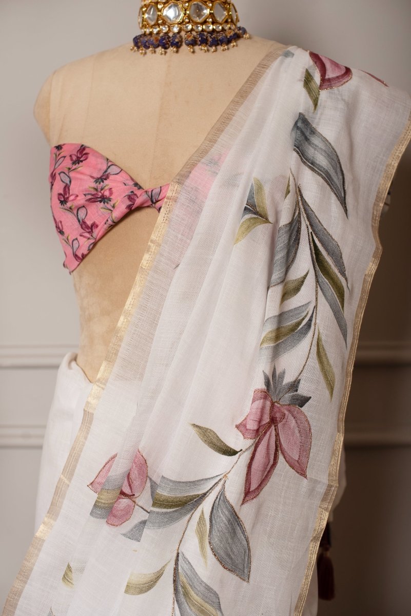 SOOT RAAG FLORAL HAND PAINTED ZARI THREAD WORK LINEN SAREE WITH BLOUSE PIECE - Pomcha Jaipur
