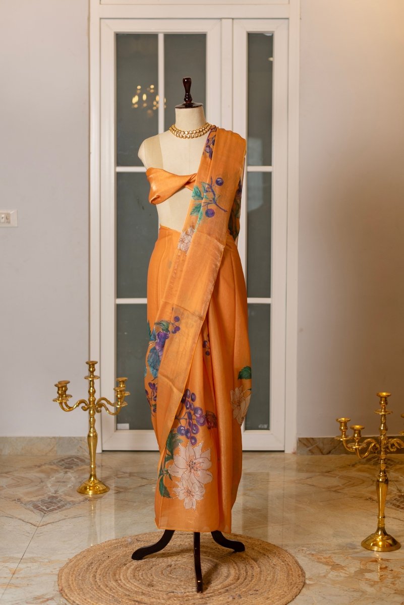 SOOT RAAG GOLDEN BLOOM FINE SATIN SILK SAREE WITH BLOUSE PIECE - Pomcha Jaipur