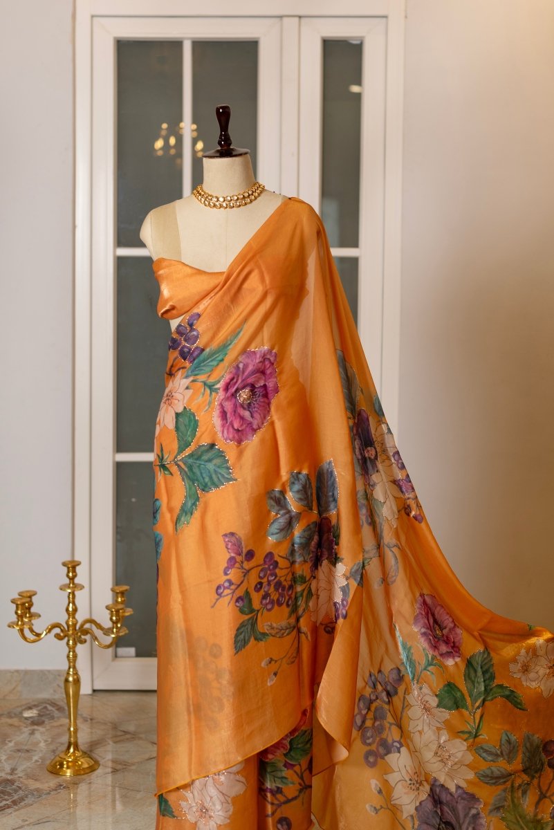 SOOT RAAG GOLDEN BLOOM FINE SATIN SILK SAREE WITH BLOUSE PIECE - Pomcha Jaipur