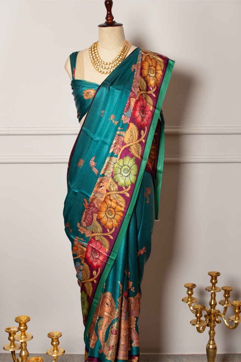 SOOT RAAG GREEN MINIATURE FOIL PRINT SATIN SAREE WITH SATIN BLOUSE - Pomcha Jaipur