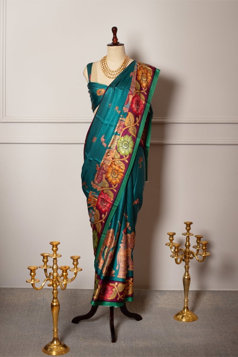 SOOT RAAG GREEN MINIATURE FOIL PRINT SATIN SAREE WITH SATIN BLOUSE - Pomcha Jaipur