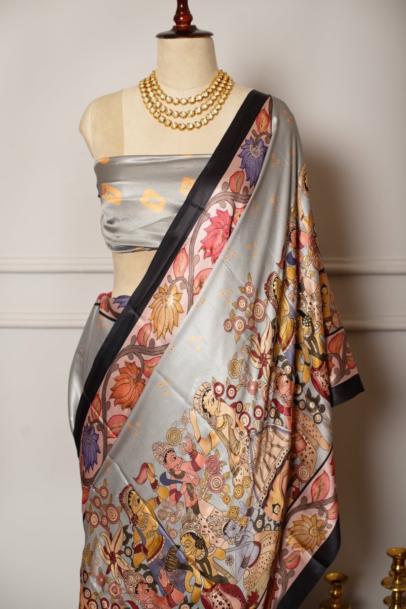 SOOT RAAG GREY MINIATURE FOIL PRINT SATIN SAREE WITH SATIN BLOUSE - Pomcha Jaipur